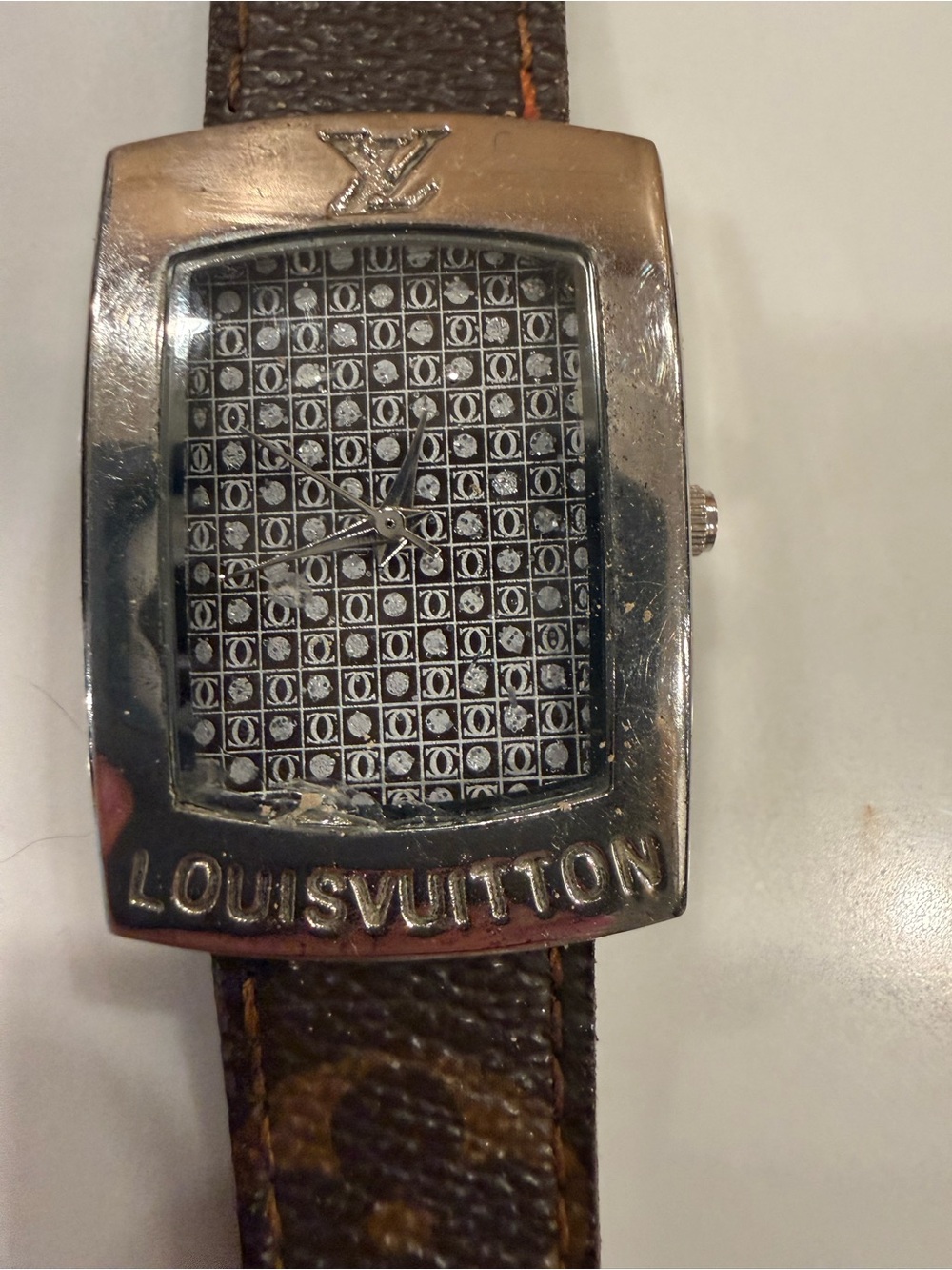 Louis Vuitton Silver-Tone Case Watch with Brown Monogram Strap